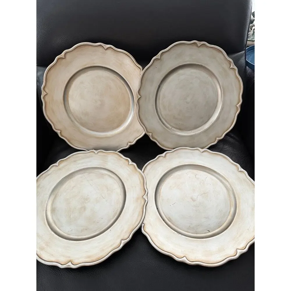 Set of 4 Pier 1 One Chargers 12.5” Brushed Silver Tone Gold Scalloped Edge